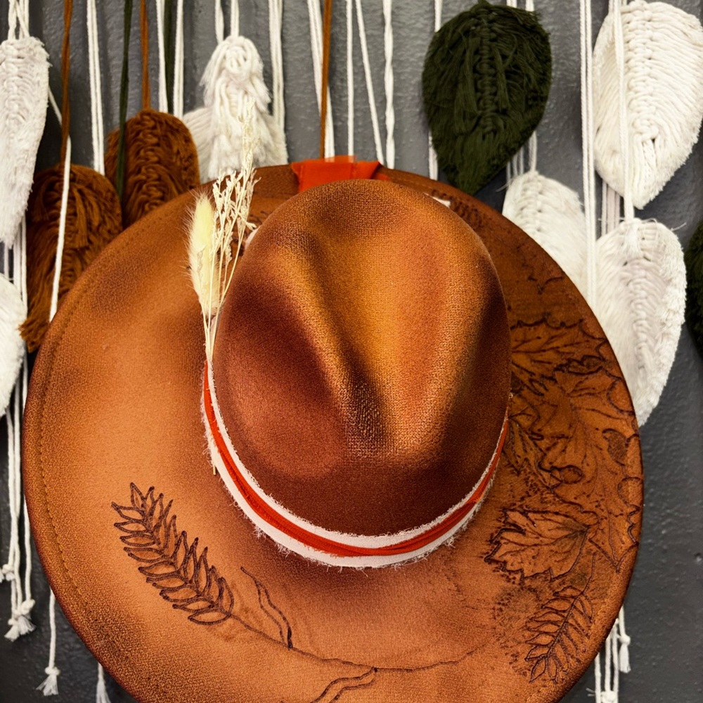 Rustic Brown Wide-Brim Hat with Leaf Design